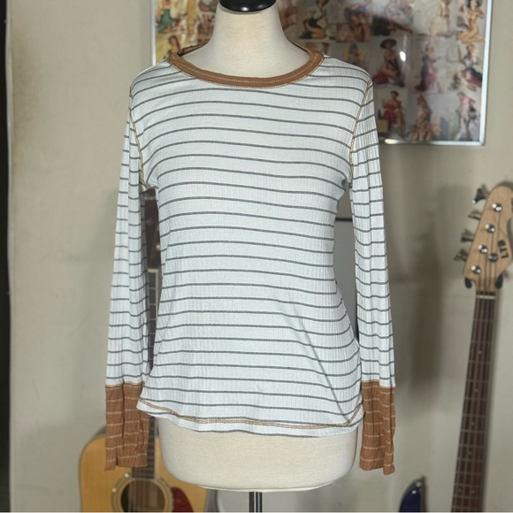 Ces Femme Tops - Ces Femme Ultra Soft Ribbed White and Brown Striped Top
